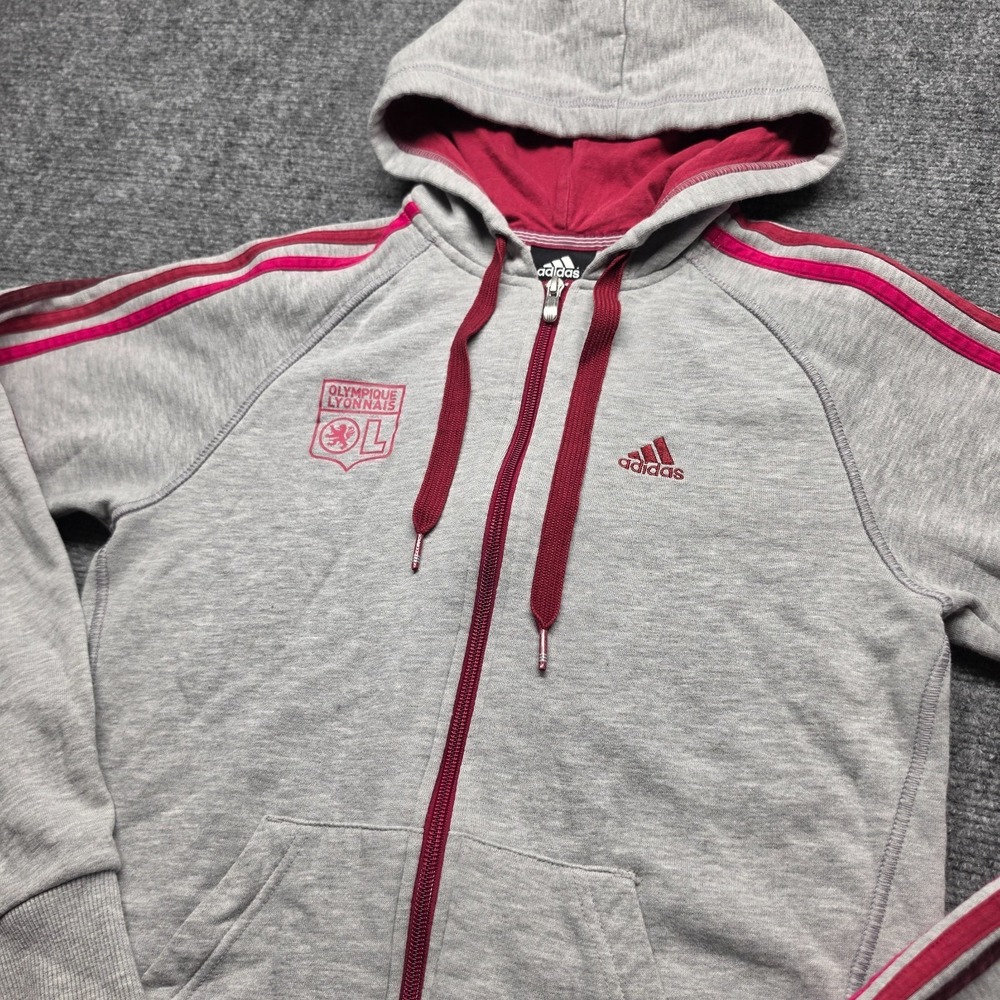 Olympique Lyonnais Adidas Hoodie Womens XS Gray Red 3-Stripe‎ Full Zip Soccer
